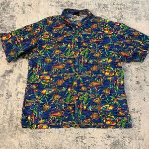 Toucan Dance VTG Hawaiian Shirt TROPICAL FISH Reef Aquarium Sony San Diego Large